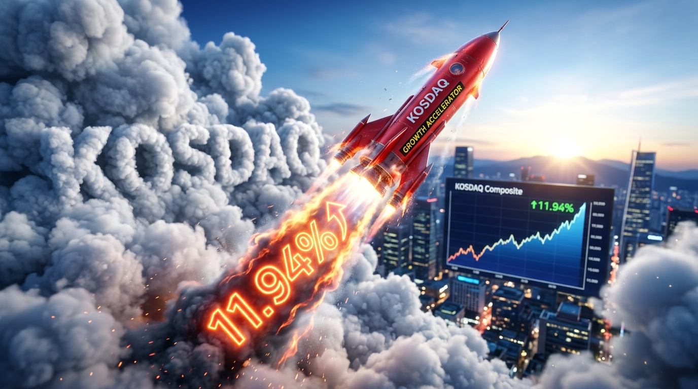 붉은색 로켓이 코스닥 지수를 뚫고 수직 상승하는 모습. 로켓 옆면에 'KoAct 11.94%' 문구가 박힌 일러스트