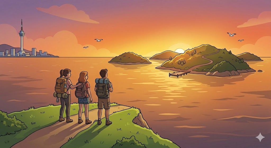 석양을 배경으로 섬을 향해 배낭을 메고 서 있는 백패커들의 뒷모습