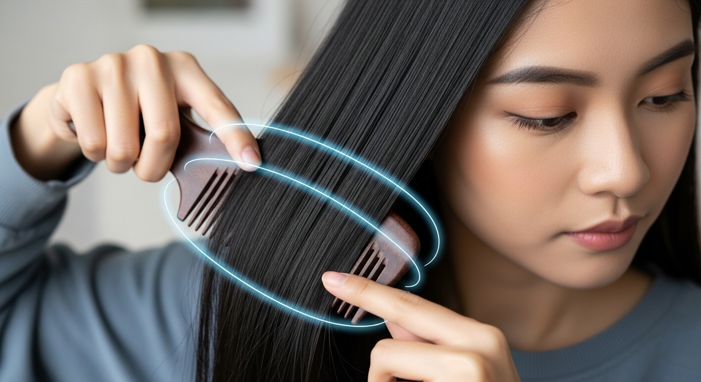 정전기 방지 빗으로 머리카락을 차분하게 정리하는 모습.