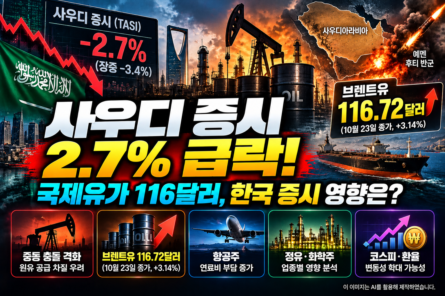 2026년 10월 25일 사우디아라비아 증시 2.7% 급락과 브렌트유 116.72달러 상승, 후티 세력과의 중동 충돌 및 국내 정유·항공·석유화학 관련주 영향을 나타낸 이미지