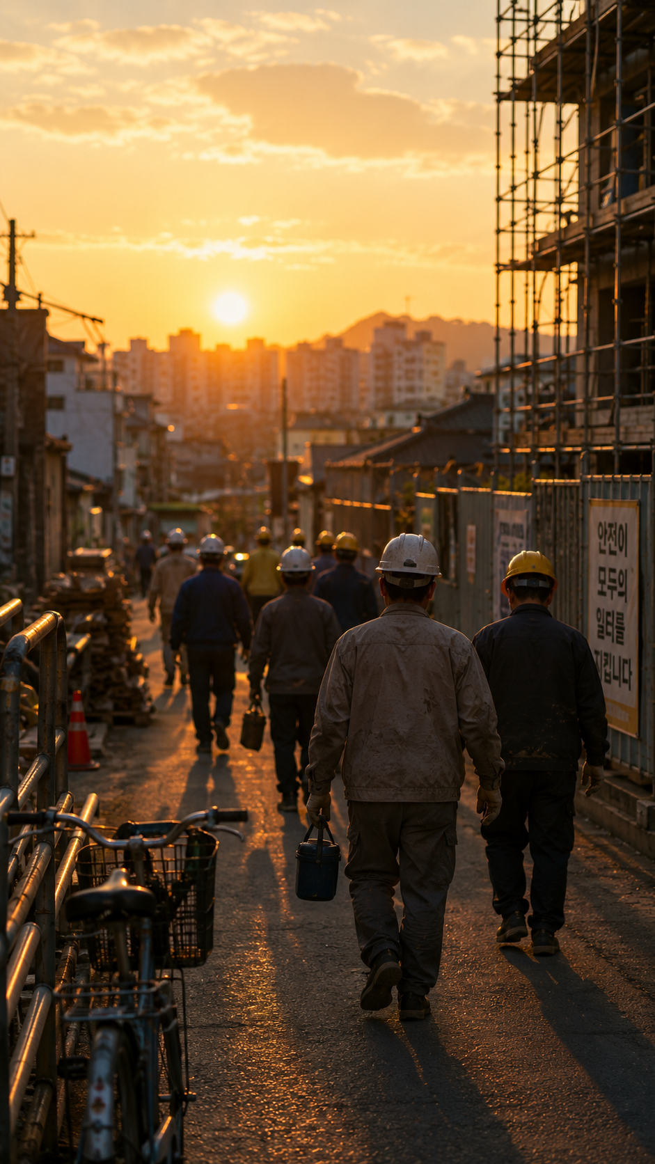 Workers walking at sunset, symbolizing labor, change, and the search for belonging.