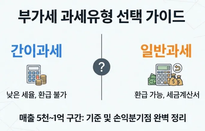 부가세 과세유형 선택 가이드 이미지. 간이과세(낮은 세율, 환급 불가)와 일반과세(환급 가능, 세금계산서 발급)의 핵심 차이점을 비교하고, 매출 5천만원에서 1억원 사이 개인사업자를 위한 과세유형 선택 기준 및 손익분기점 정리 내용을 포함함."