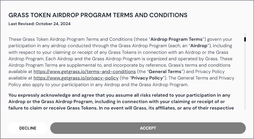 그래스 토큰 에어드랍 프로그램 약관 화면