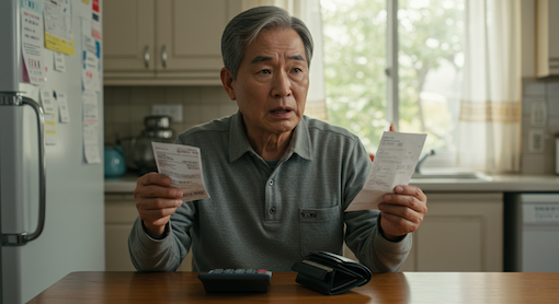 계산기와 고지서를 보며 당황하는 남성