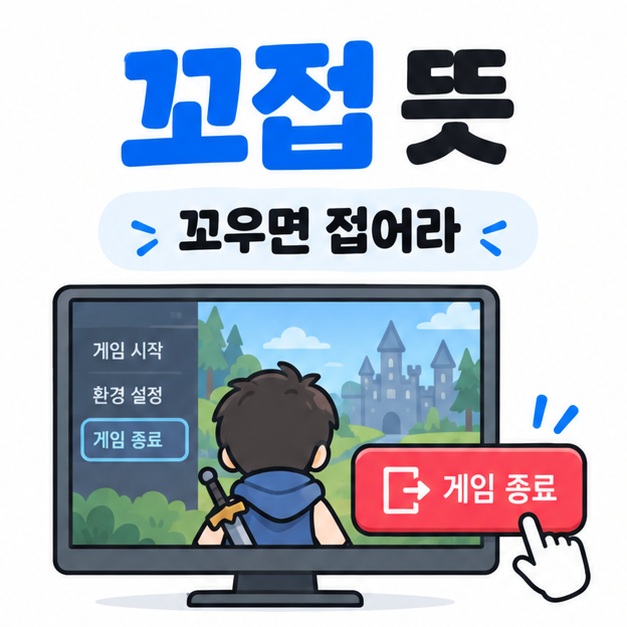 꼬접 뜻과 꼬우면 접어라를 게임 화면과 종료 버튼으로 표현한 카드뉴스