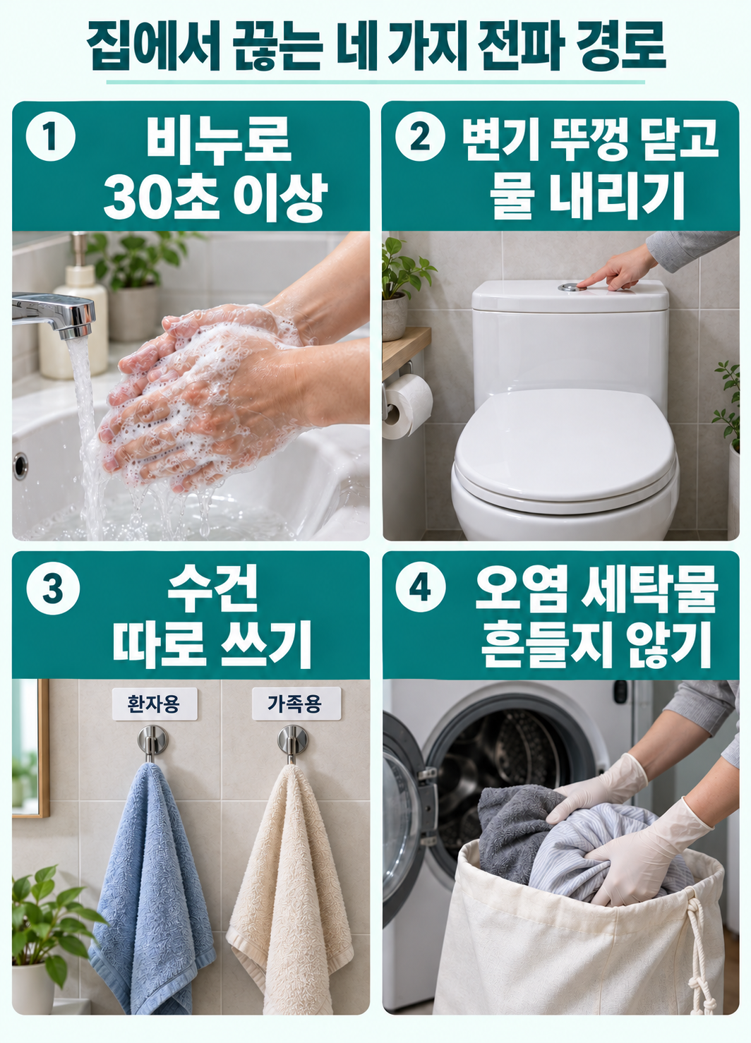 실사 4분할: 비누로 손씻기, 닫힌 변기 뚜껑과 물내리기, 환자용·가족용 수건 구분, 장갑을 끼고 오염 세탁물을 흔들지 않고 이동.