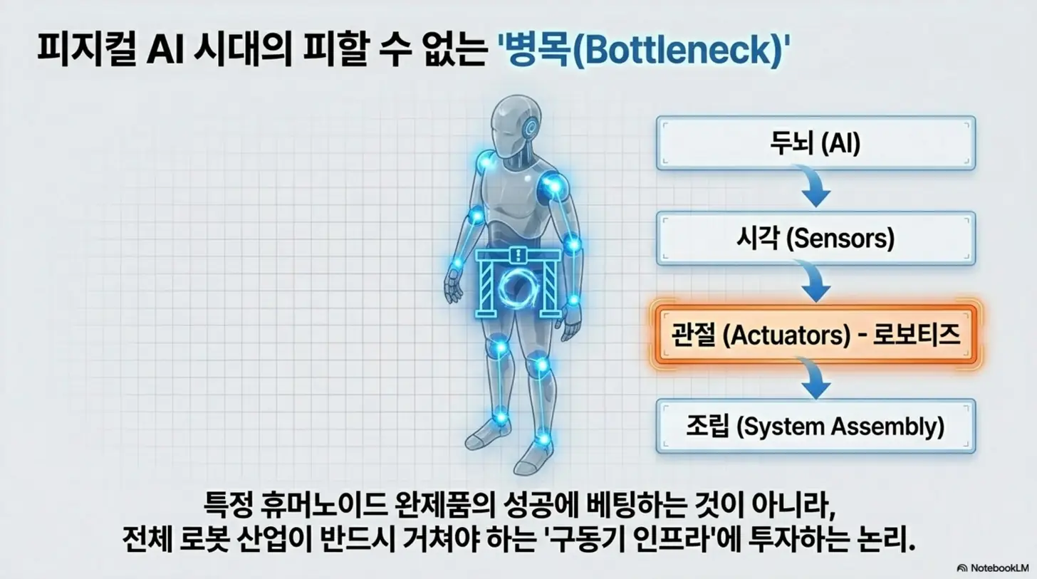 로보티즈 주가 전망: 휴머노이드 로봇의 두뇌·시각·관절·조립 단계 중 관절 구동기가 핵심 병목임을 인체형 로봇 그래픽으로 표현한 이미지. 특정 완제품이 아닌 전체 로봇 산업이 거쳐야 하는 구동기 인프라에 투자하는 논리와 그 중심에 선 로보티즈의 위치를 시각적으로 전달함