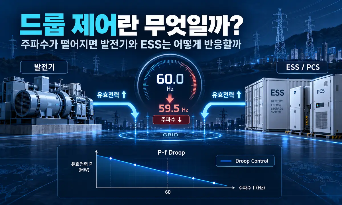드룹 제어와 주파수 하락 시 발전기 ESS 반응 인포그래픽