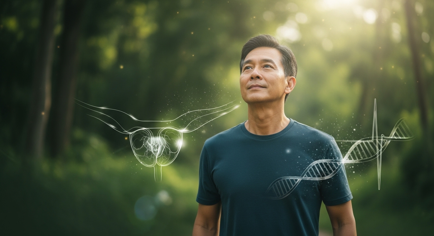 푸른 자연을 배경으로 건강하고 희망찬 표정의 중년 남성이 서 있는 모습. 전립선암 조기 발견과 건강한 삶을 상징.