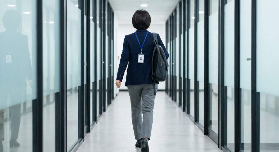 새로운 사원증을 목에 걸고 활기차게 출근하는 중장년층