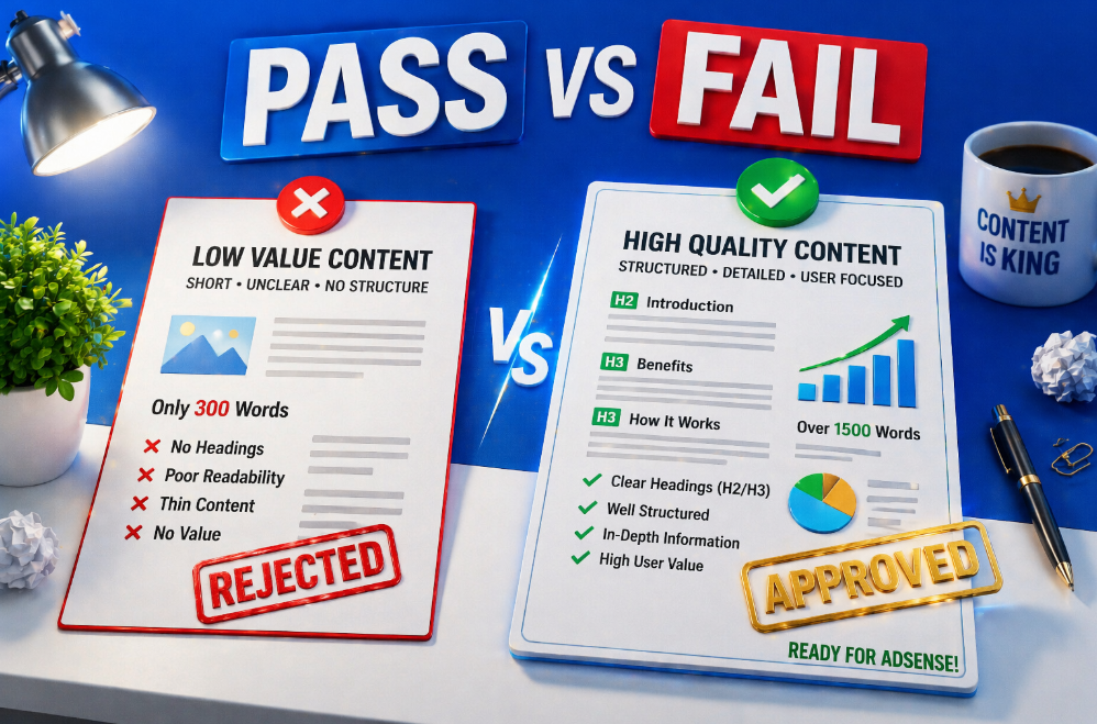 애드센스 승인되는 글과 탈락하는 글의 구조적 차이를 시각화한 대표 이미지
