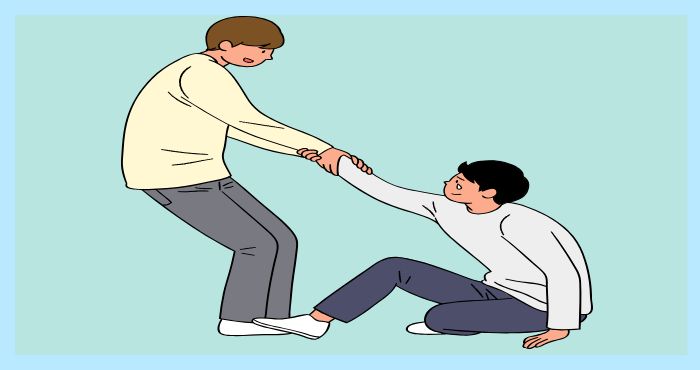 앉아 있는 사람의 손을 잡아 일으켜 세우는 사람의 삽화. 도움과 지지를 상징하는 이미지. 