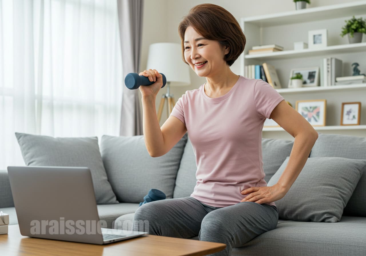50대 한국인 여성이 집에서 온라인 운동 프로그램을 진행하는 모습. 현대적인 실내에서 밝고 기분 좋은 분위기입니다.