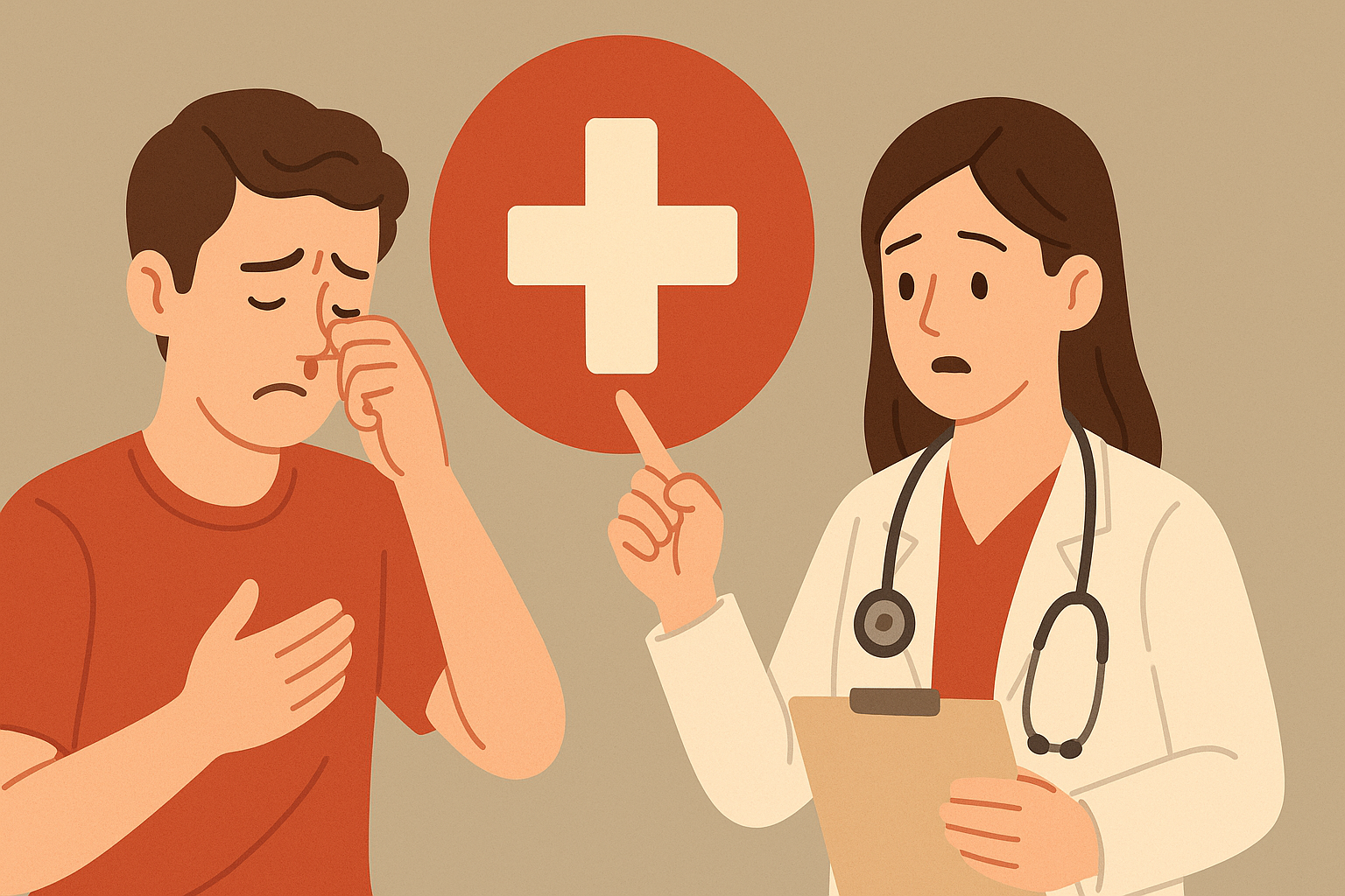 “코피로 걱정하는 남성과 병원 진료를 권유하는 여성 의사 – 응급처치 필요 상황을 나타낸 장면