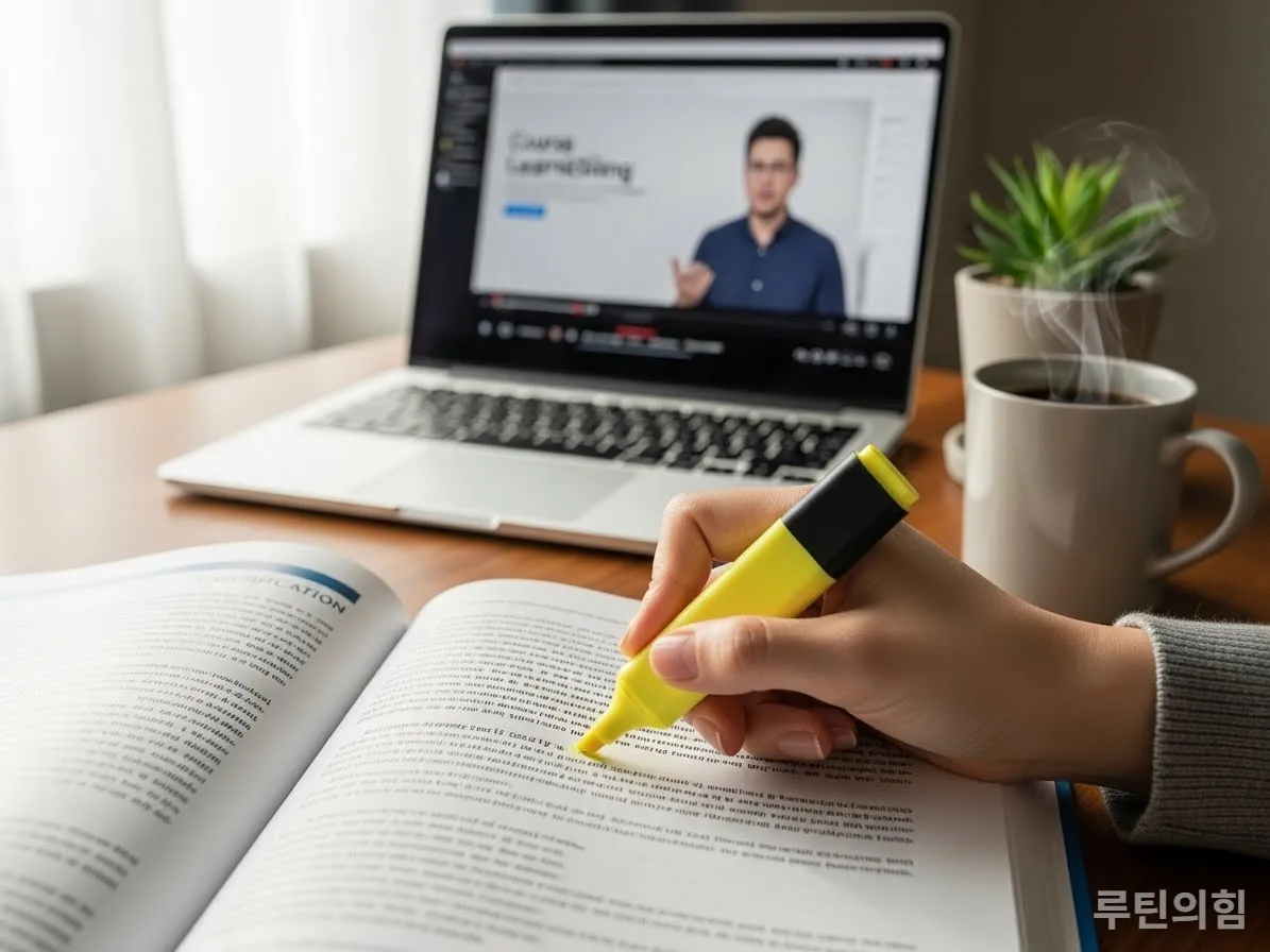 자격증 교재를 공부하는 한국인의 손과 온라인 강의 화면