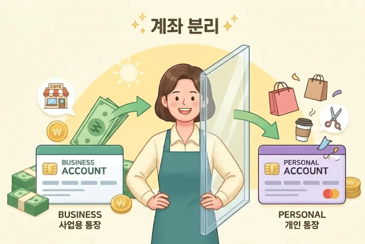 현금거래 많은 업종 장부정리: 장부정리의 첫걸음으로 사업용 통장과 개인 통장을 완벽하게 분리하여 자금이 섞이지 않게 관리하는 모습을 시각화한 이미지. 밝은 노란색 배경에 두 통장 사이의 투명 차단 벽을 세워 현금 흐름을 통제하는 사장님 캐릭터가 그려진 블로그 보조 이미지 