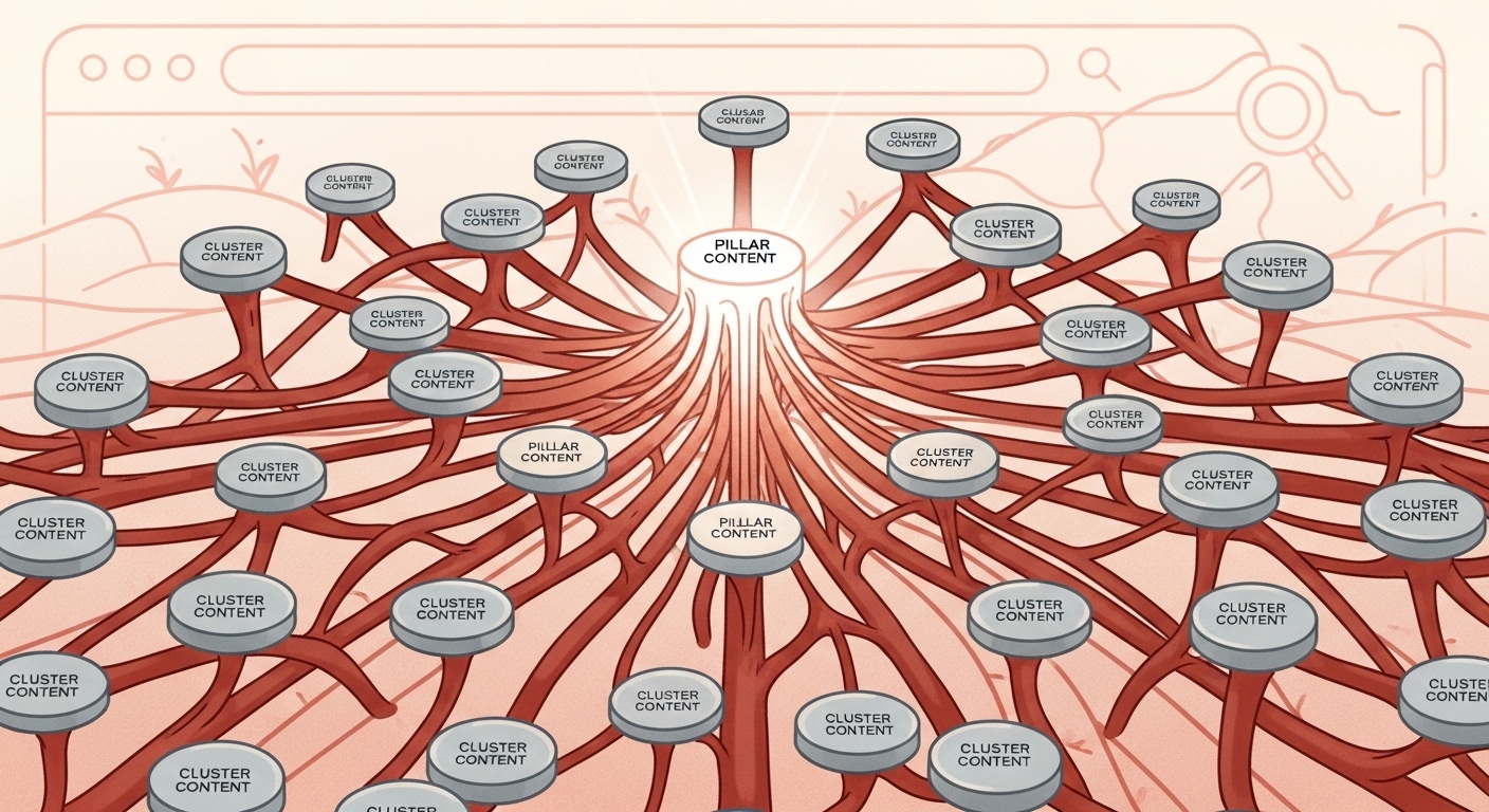 유기적으로 연결된 콘텐츠 클러스터가 블로그의 검색 엔진 최적화를 강화하는 전략을 시각적으로 표현한 일러스트.