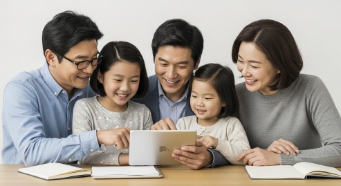 가족이 함께 태블릿으로 정보를 확인하는 모습