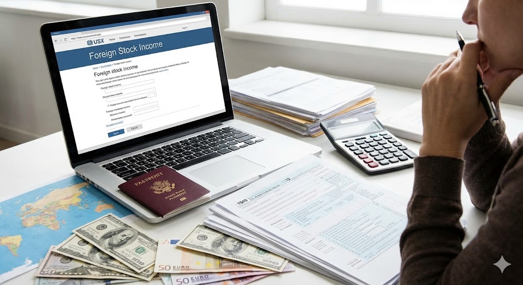 노트북-화면에-해외주식-양도소득세-신고-사이트가-띄워져-있고-책상-위에-계산기와-달러-지폐-그리고-세금-관련-서류가-가지런히-놓여-있는-모습