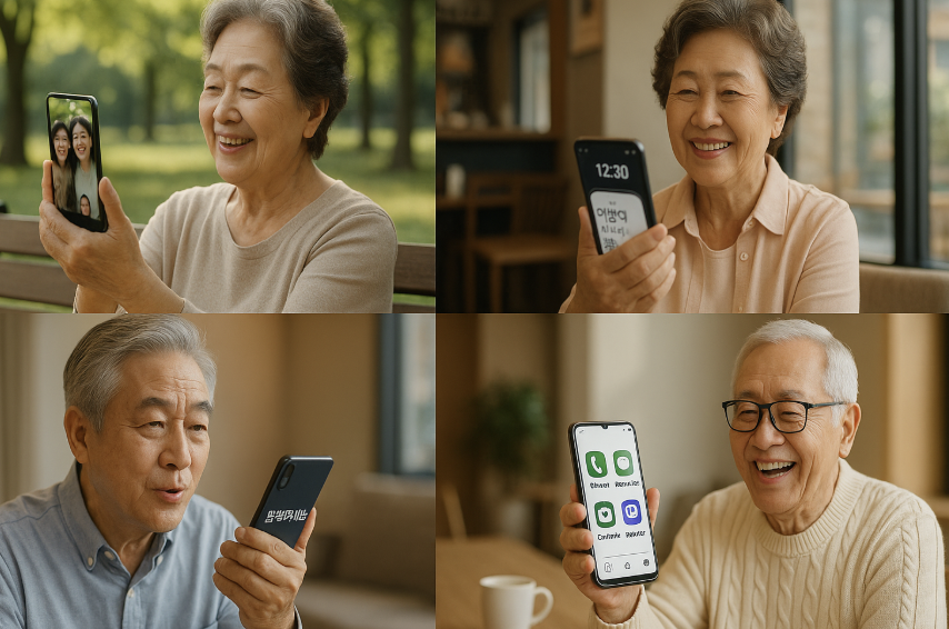 60~70대 한국 노년층이 공원, 카페, 거실 등에서 스마트폰을 즐겁게 사용하는 모습. 영상통화, 음성 명령, 큰 글씨 읽기 등 다양한 기능을 자연스럽게 활용하며 웃는 장면