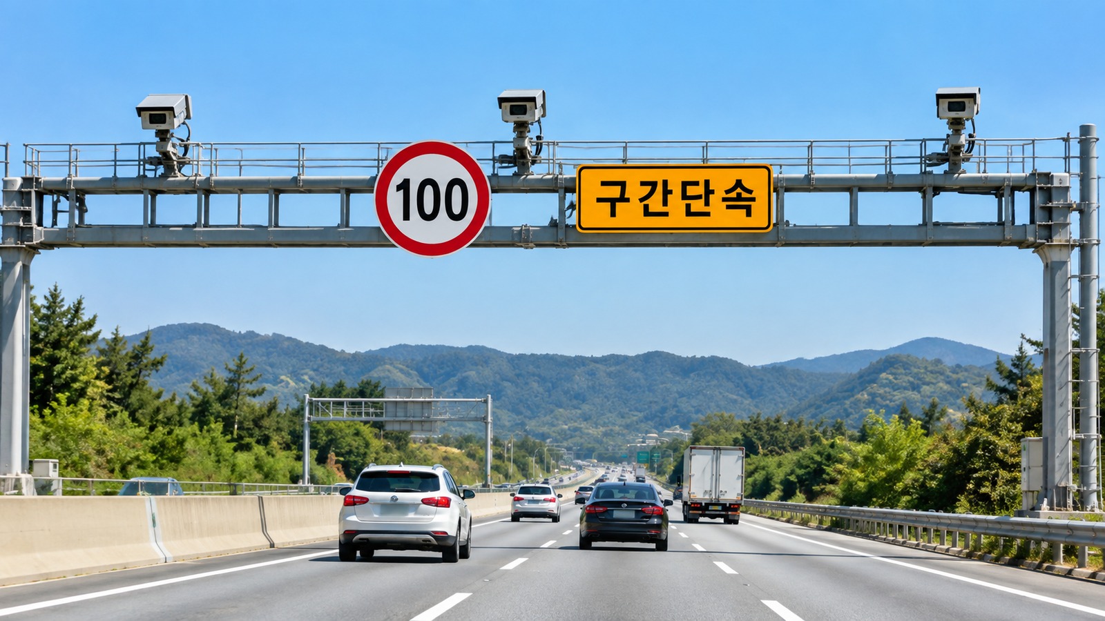제한속도 100 표지와 구간단속 카메라가 설치된 고속도로