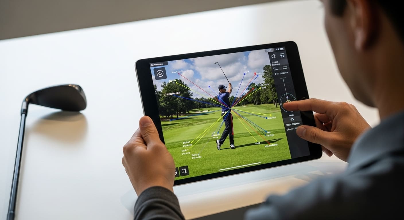 태블릿 앱으로 자신의 골프 스윙을 분석하는 모습.
