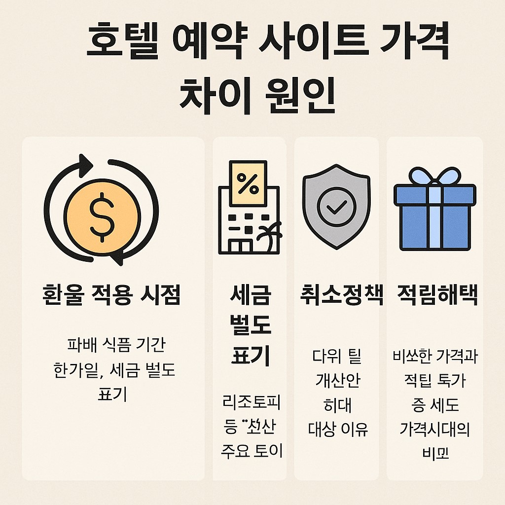 호텔 예약 사이트 가격 차이 원인: 환율 적용 시점, 세금 별도 표기, 리조트피, 취소정책, 적립혜택 비교 인포그래픽