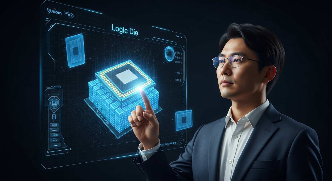 검은 머리의 중년 한국인 남성 분석가가 정장을 입고, 메모리 스택 맨 아래에 있는 '로직 다이'의 3D 홀로그램 모델을 가리키고 있는 모습. 배경은 검은 화면에 떠 있는 푸른색 홀로그램 인터페이스.