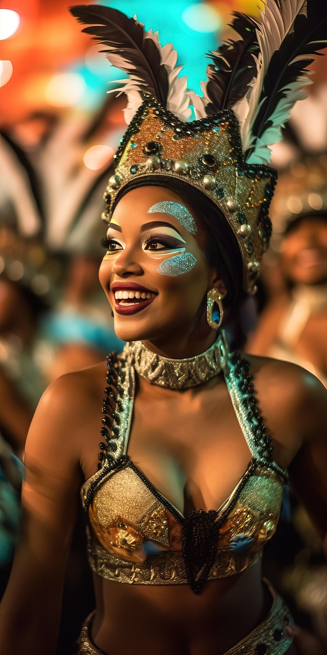 리우 카니발 장식을 한 여성의 사진입니다.