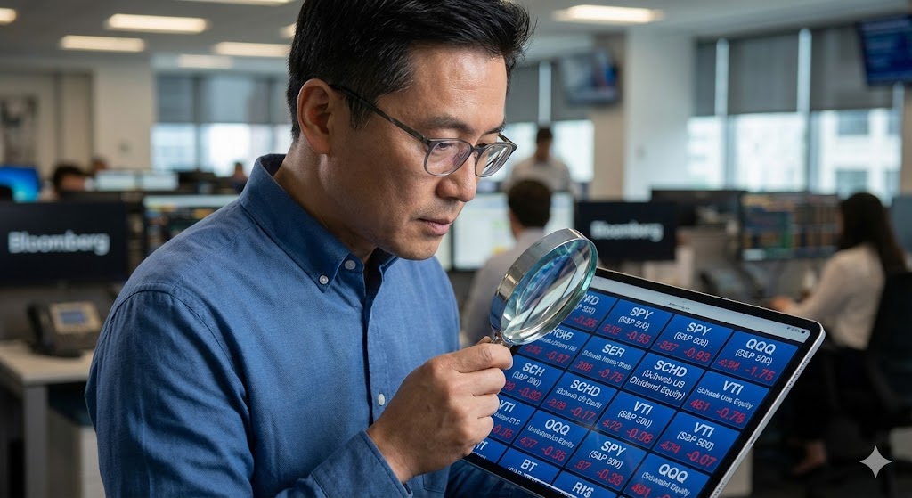 돋보기를 들고 ETF 종목 리스트를 꼼꼼히 살피는 신중한 모습의 중장년 남성