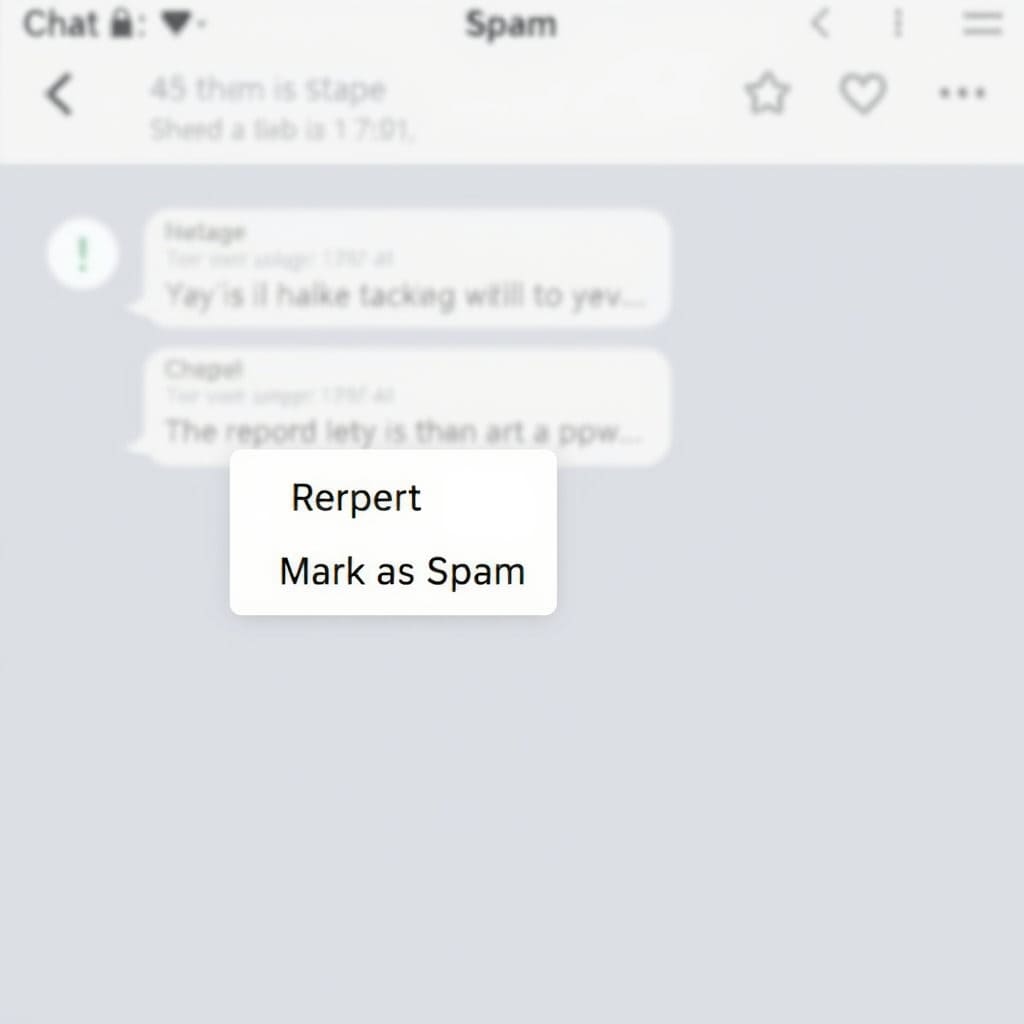 대화창에서 특정 메시지를 선택했을 때 나타나는 팝업 메뉴에 '신고하기' 또는 '스팸으로 표시' 버튼이 강조된 이미지를 그립니다. 메시지 옆에 경고나 주의를 나타내는 아이콘을 함께 배치할 수 있습니다.
