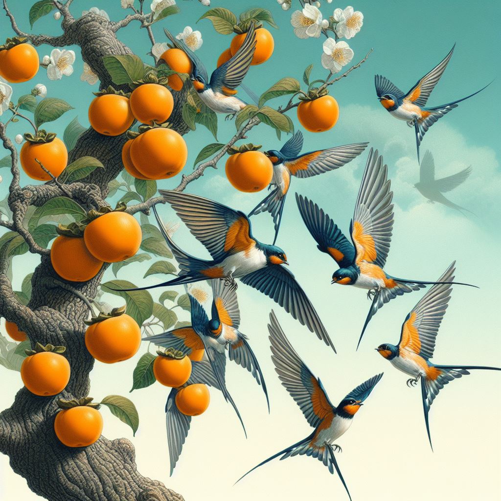 감나무 위 날아다니는 제비들