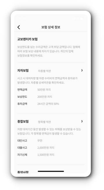렌터카 업체의 보험 상세 정보