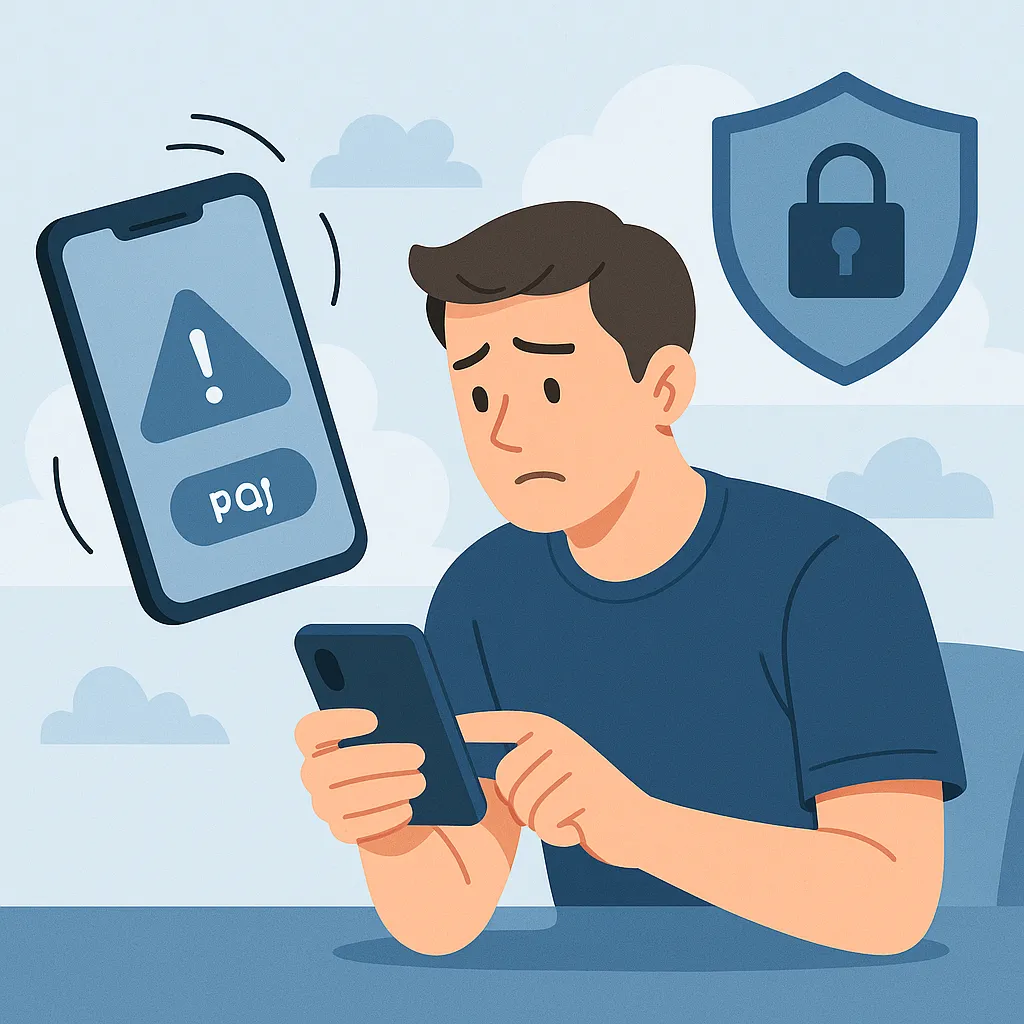 휴대폰을-잃어버려-걱정하는-남성이-보안-잠금-아이콘과-함께-간편결제-차단을-상징하는-디지털-보호막을-표현한-일러스트