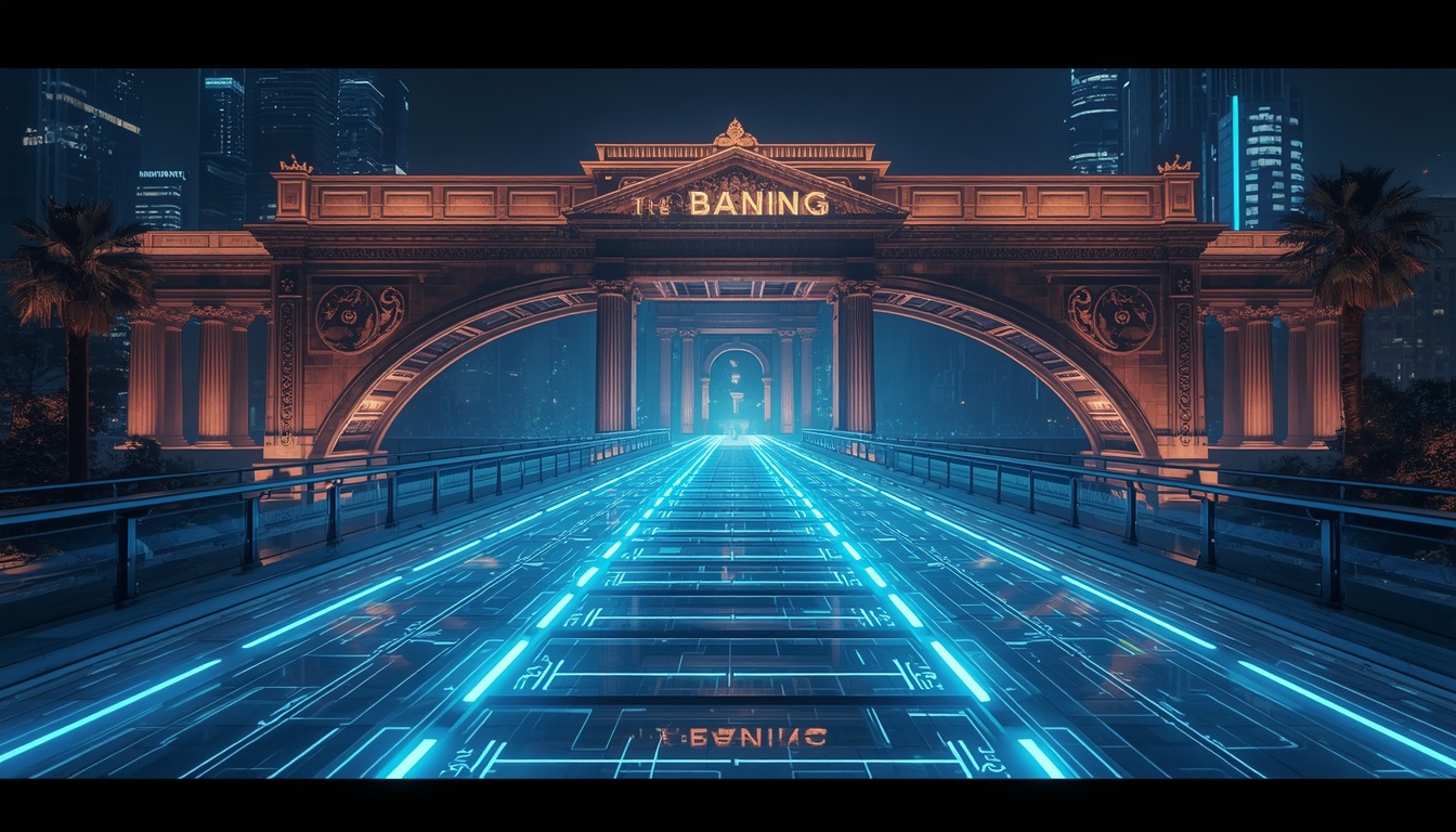 Futuristic digital financial bridge connecting traditional banking and future technology.