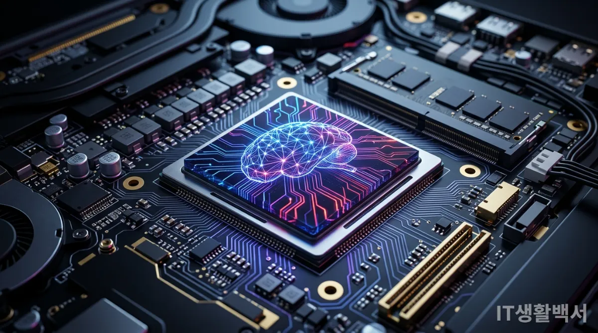 노트북 메인보드에 통합된 NPU 칩과 신경망 연산을 시각화한 이미지