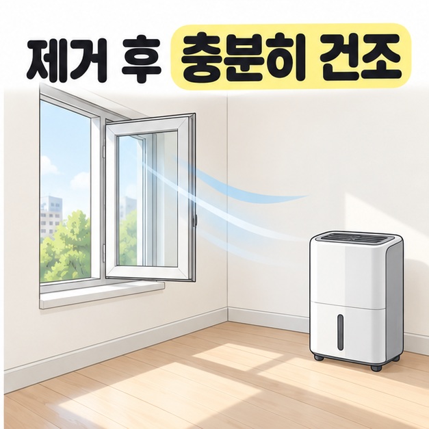 제거 후 충분히 건조 문구 아래 깨끗한 벽 옆 열린 창문과 바닥의 제습기를 보여주는 그림