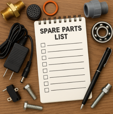 나무 책상 위에 다양한 예비부품들과 체크리스트 메모지가 함께 놓여 있는 장면.