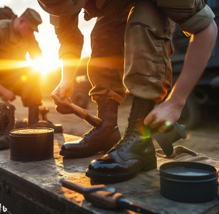 군인들이 동트자마자 일어나 장화를 광이 나도록 닦는 모습(made by Bing)