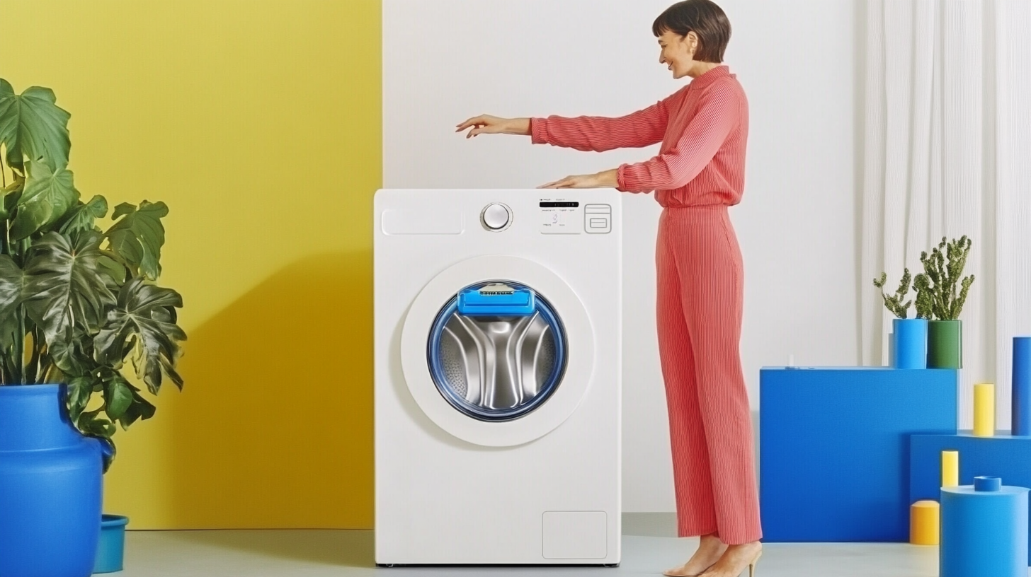 삼성 세탁기의 미니멀하고 인체 공학적으로 설계된 후면 조작 패널로, 성인이 편안하게 조작하는 모습의 이미지