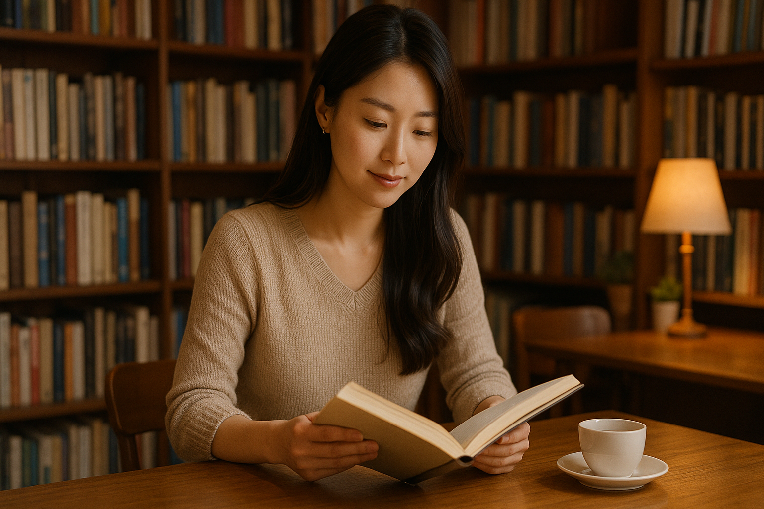 북카페에서 혼자 독서를 즐기는 여성