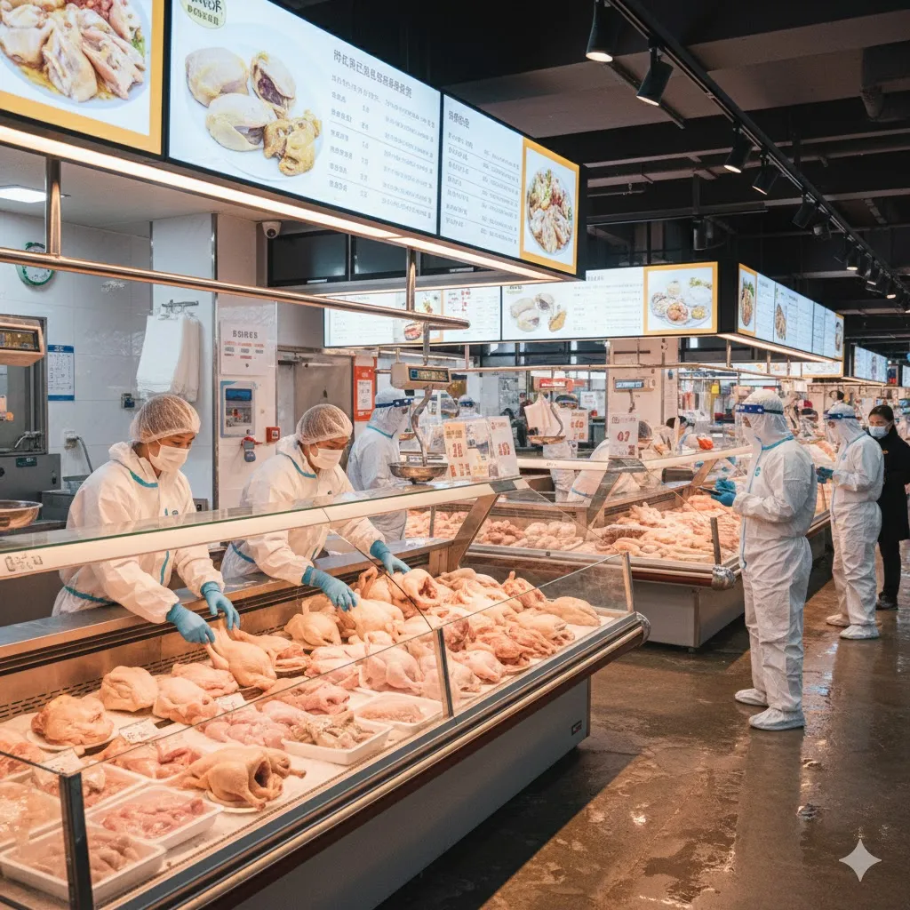 청결하고 현대적인 느낌의 가금류 판매 시장을 그려주세요. 상인들이 마스크와 위생 장갑을 착용하고 신선한 닭고기, 오리고기 등을 정리하고 있습니다. 방역복을 입은 위생 관리원이 시장 곳곳을 점검하며 위생 수칙을 확인하는 모습을 보여줍니다. 밝은 조명과 정돈된 진열대를 통해 소비자들이 안심하고 구매할 수 있는 분위기를 강조합니다.