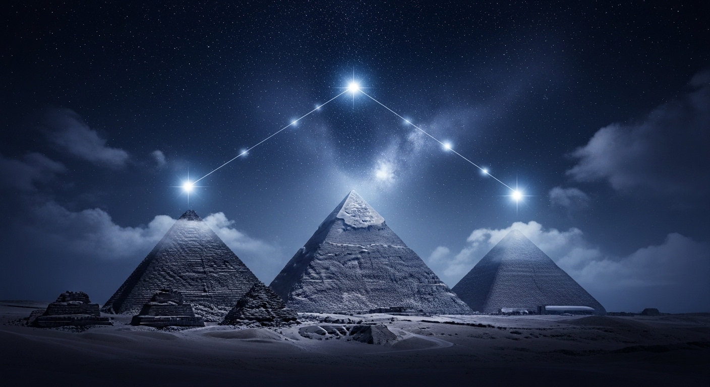 밤하늘에 빛나는 오리온자리 벨트의 세 별과 정확히 일치하게 정렬된 이집트 기자의 세 피라미드를 보여주는 신비롭고 극적인 이미지