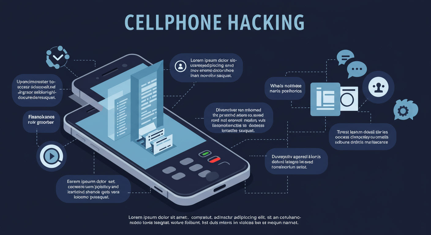 휴대폰이 있고 그위에 해킹이라는 문구가 있고 여러설명들이 되어있는 삽화