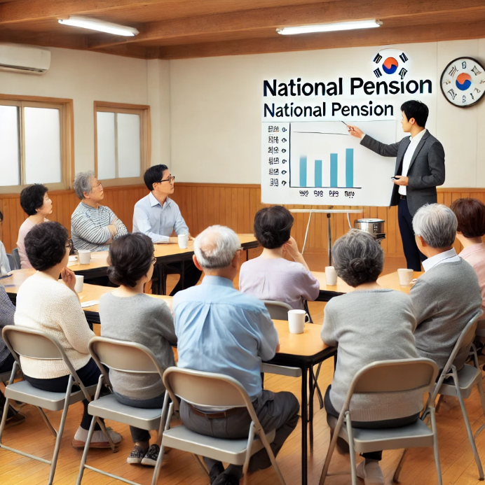 커뮤니티 센터에서 국민연금에 대한 세미나에 참석하는 노년층
