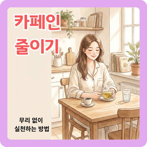 따뜻한 자연광이 들어오는 식탁 공간에서 여성이 작은 커피잔과 허브차 또는 물컵을 앞에 두고 카페인을 줄이는 선택을 하고 있는 웰니스 일러스트