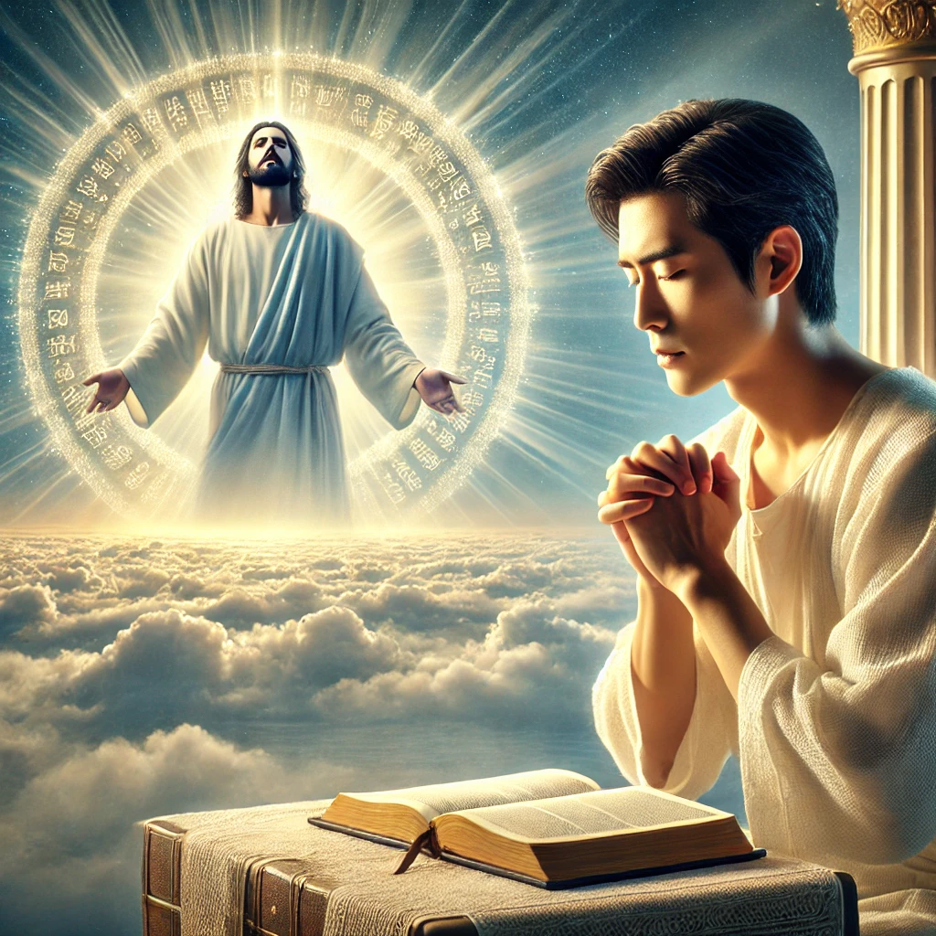 Here is the depiction of a man inspired by Revelation 21:27, praying with humility and reverence, recognizing the absolute sovereignty of Jesus Christ and reflecting on the purity of God's Kingdom. The scene portrays his devotion to acknowledging Christ's lordship and the holiness of the heavenly kingdom.