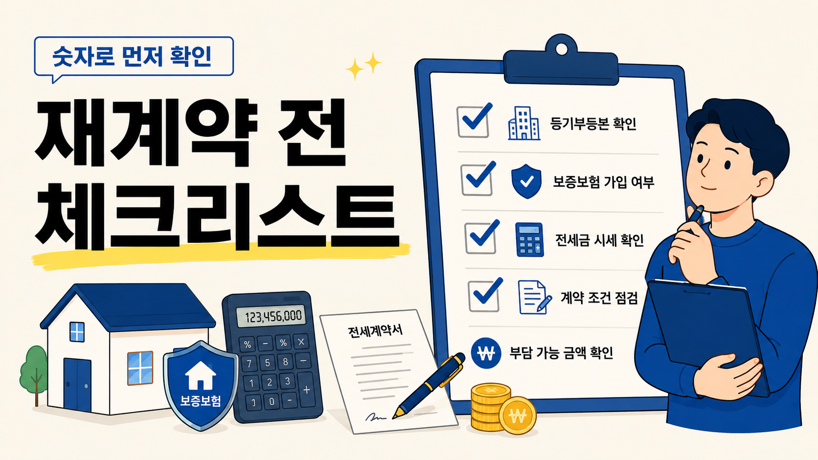 전세 재계약 전 등기부등본, 보증보험, 전세금 시세, 계약 조건, 부담 가능 금액을 확인하는 체크리스트 이미지
