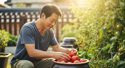 토마토 화분에서 수확하는 중년 남성