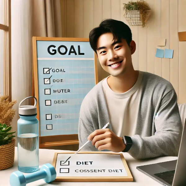 책상 앞에서 피트니스 목표를 체크하며 웃는 젊은 동양 남성